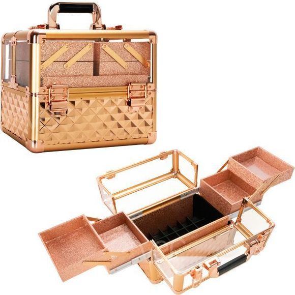 Armored Acrylic Makeup Train Case Professional Nail Art Storage with 4-Tiers Acc